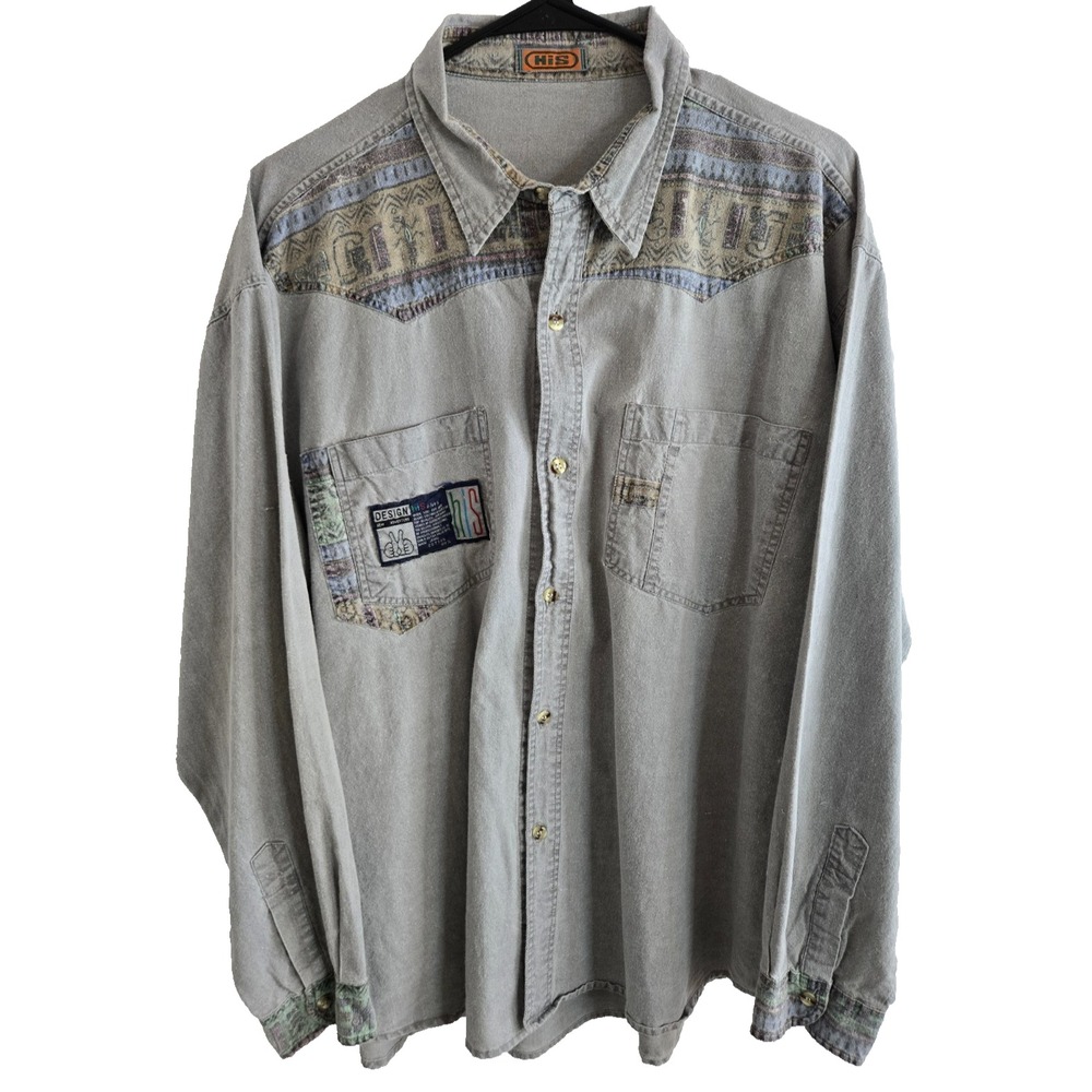 Vintage H.I.S. Button Down Shirt Mens Size XL Grey Retro 90's Aztec Print VTG